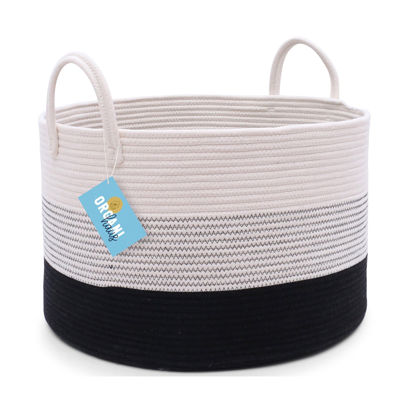 Cotton Rope Storage Basket - Off-White & Black w/ Stitches - Wide