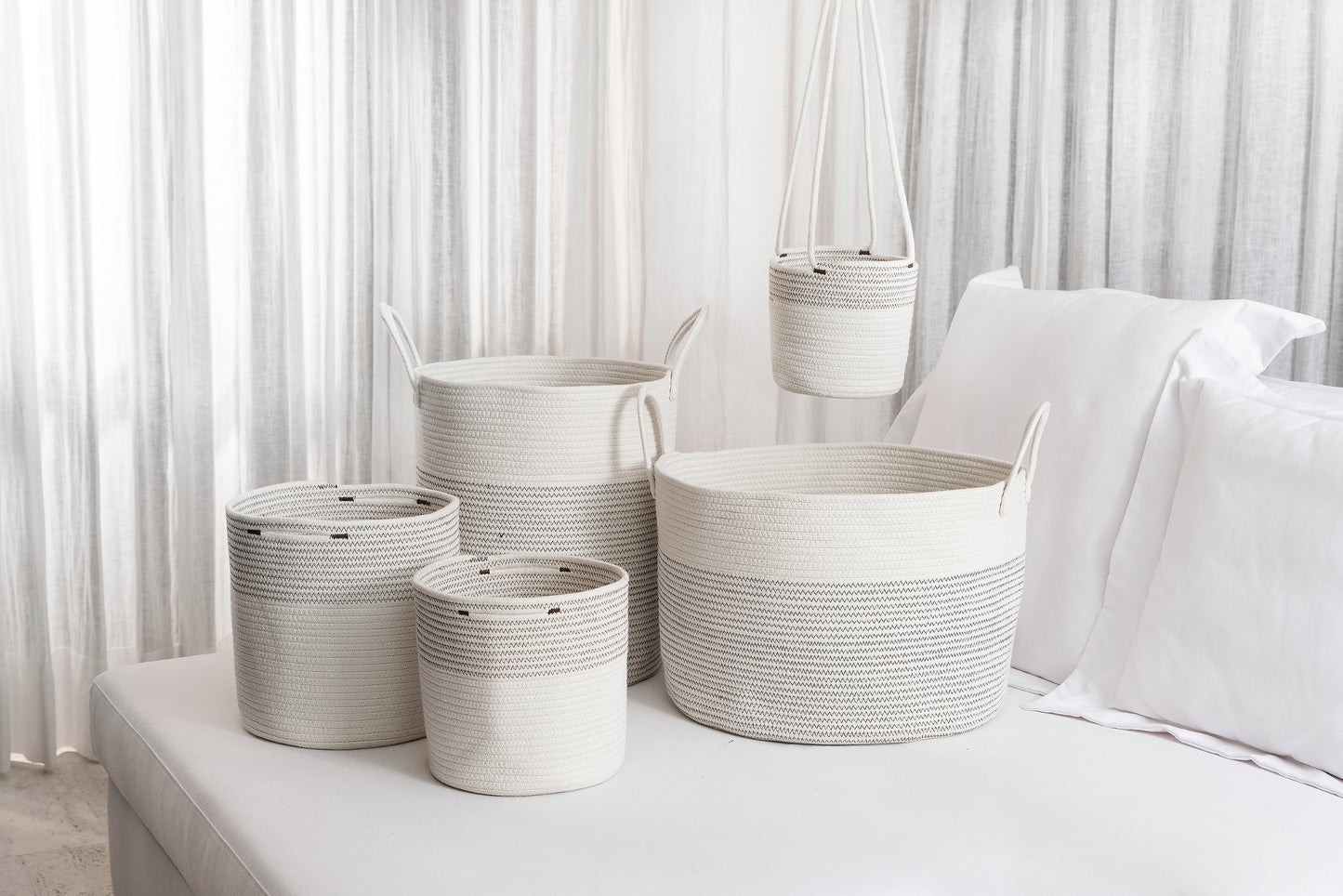 Cotton Rope Storage Basket - Off-White w/ Stitches - Tall