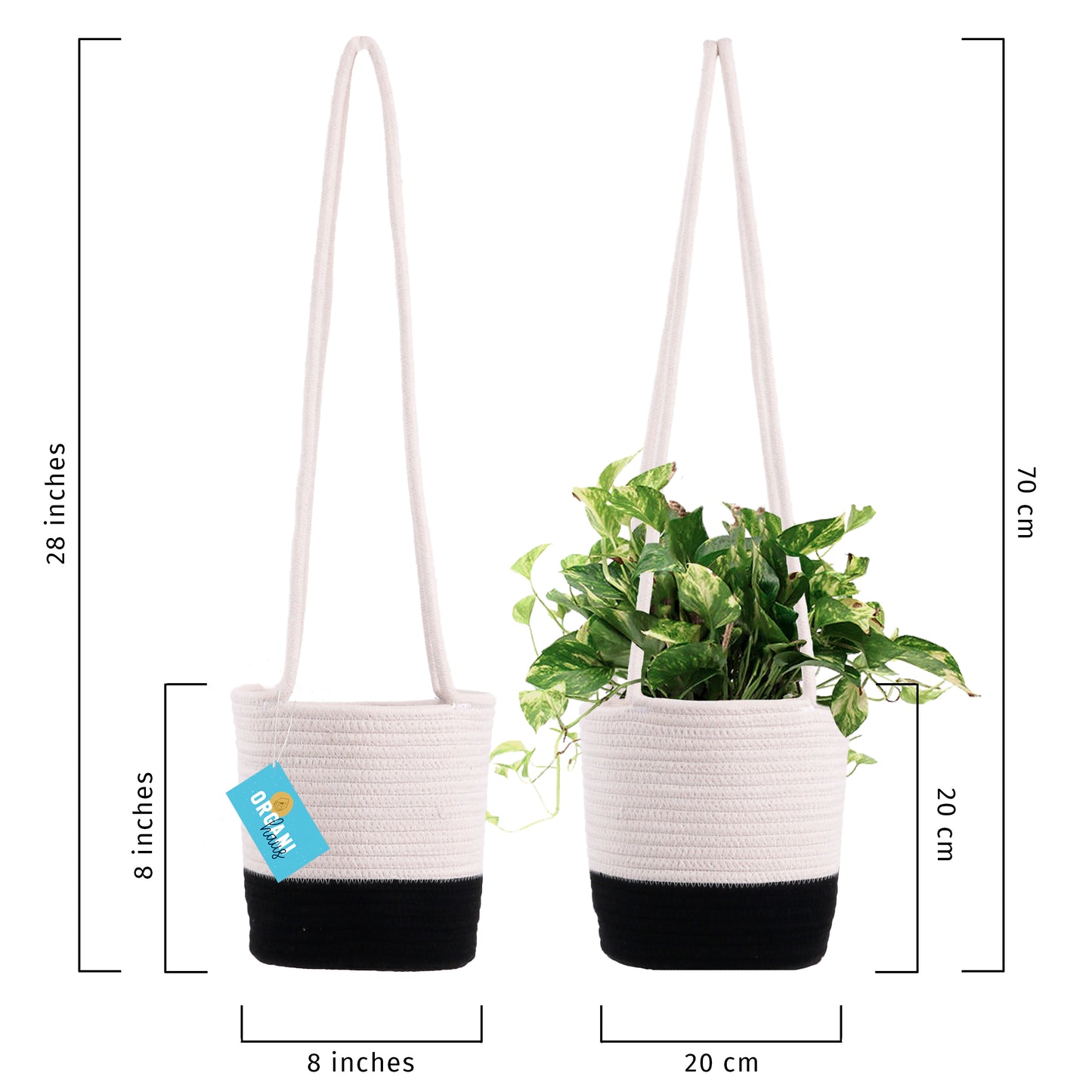Cotton Rope Hanging Planter Basket - Set of 2 - Black & Off-White