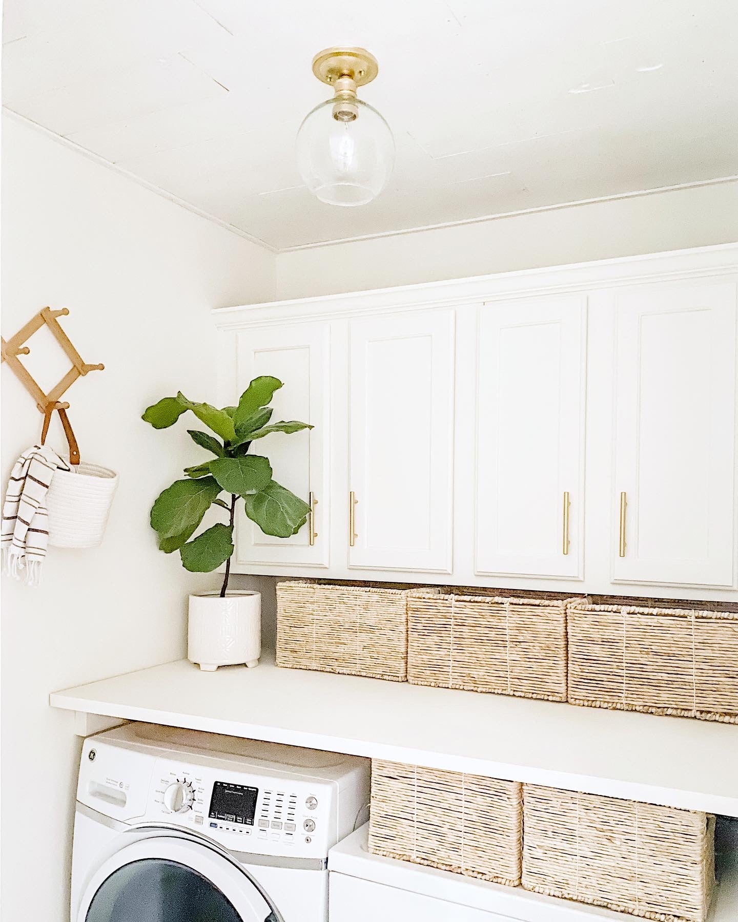 Woven Wall Basket w/ Real Leather Handles - Set of 2 - Full Off-White