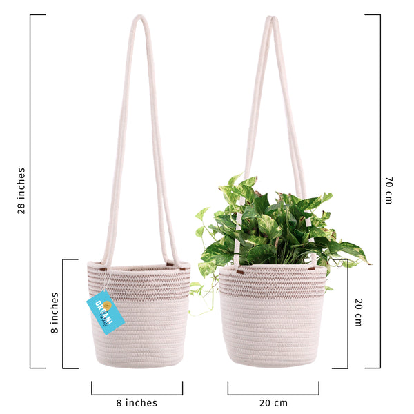 Cotton Rope Hanging Planter Basket - Set of 2 - Off-White w/ Stitches