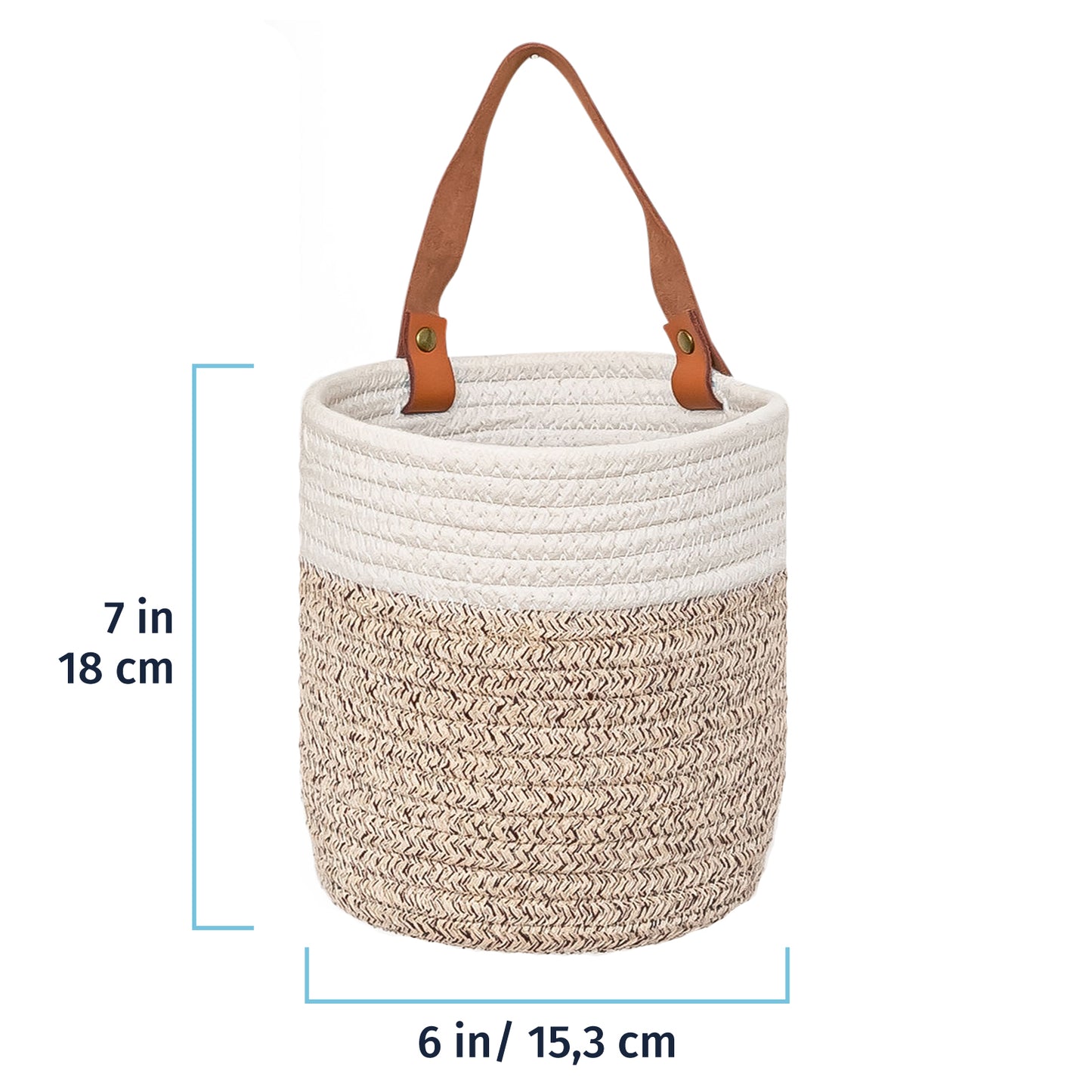 Woven Wall Basket w/ Real Leather Handles - Set of 2 - Brown & Off-White