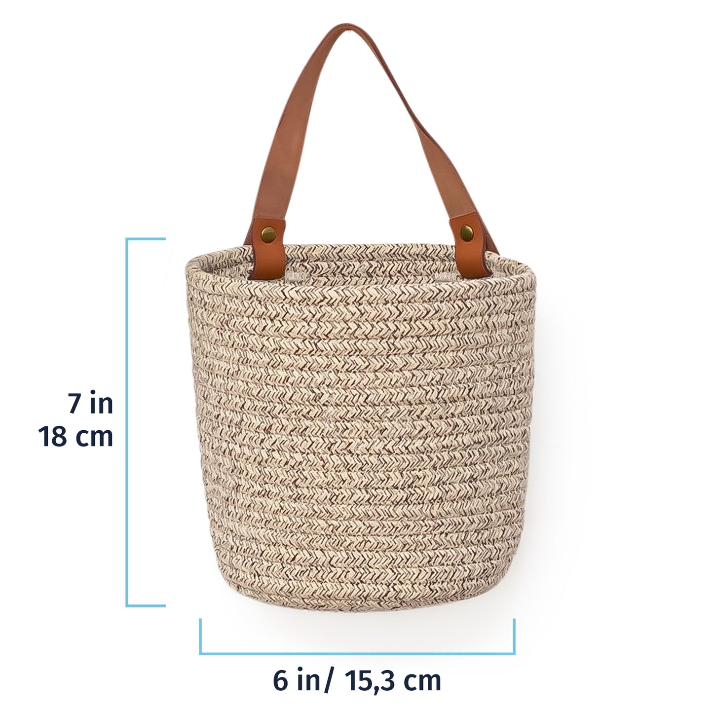 Woven Wall Basket w/ Real Leather Handles - Set of 2 - Full Brown