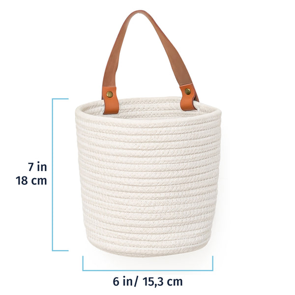 Woven Wall Basket w/ Real Leather Handles - Set of 2 - Full Off-White
