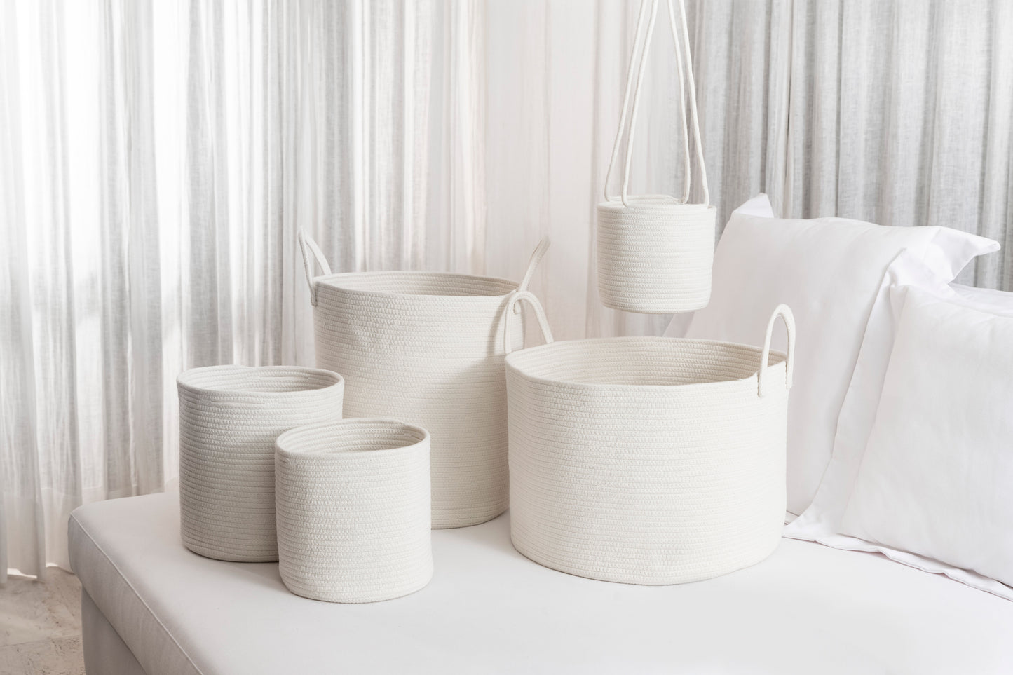 Cotton Rope Hanging Planter Basket - Set of 2 - Full Off-White