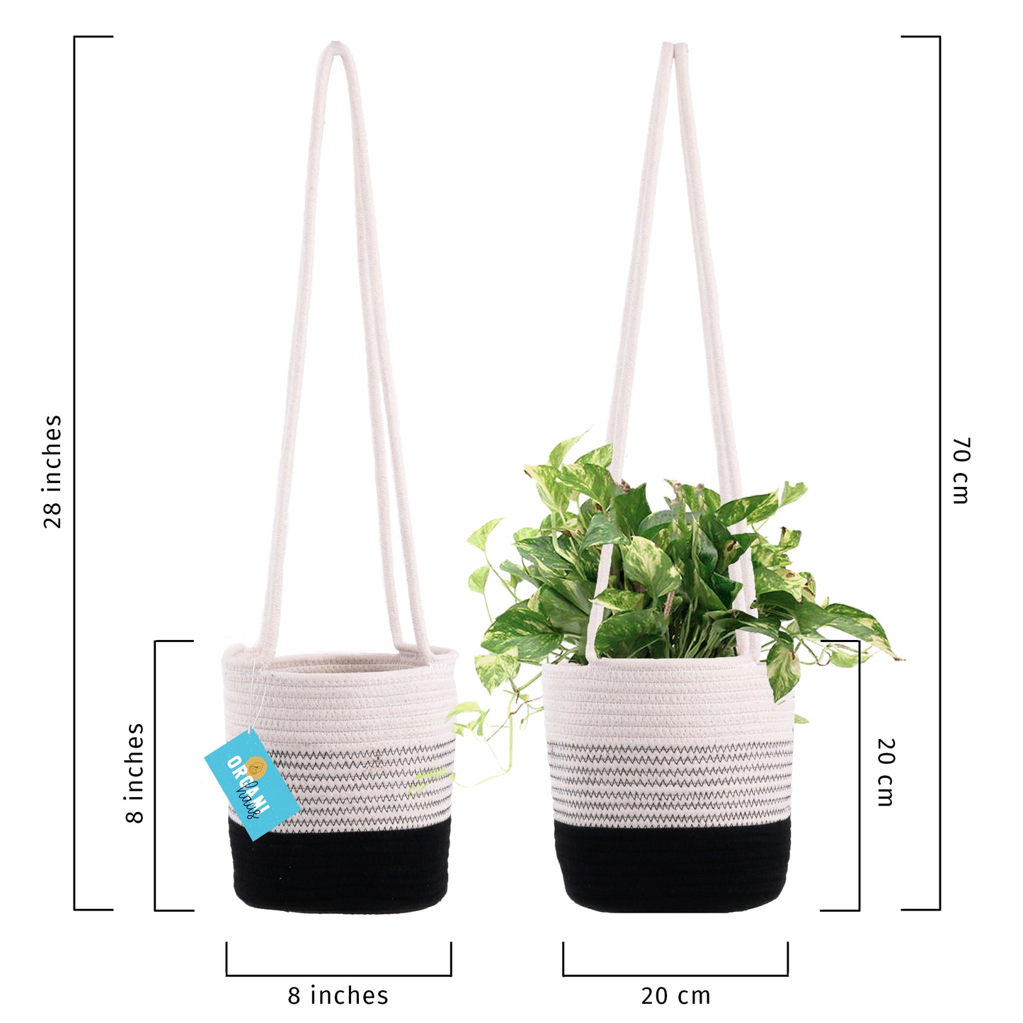 Cotton Rope Hanging Planter Basket - Set of 2 - Black & Off-White w/ Stitches