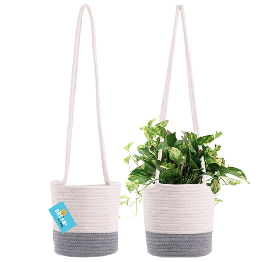 Cotton Rope Hanging Planter Basket - Set of 2 - Gray & Off-White