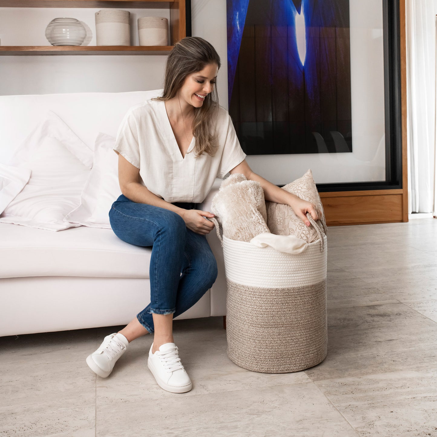 Cotton Rope Storage Basket - Brown & Off-White - Tall