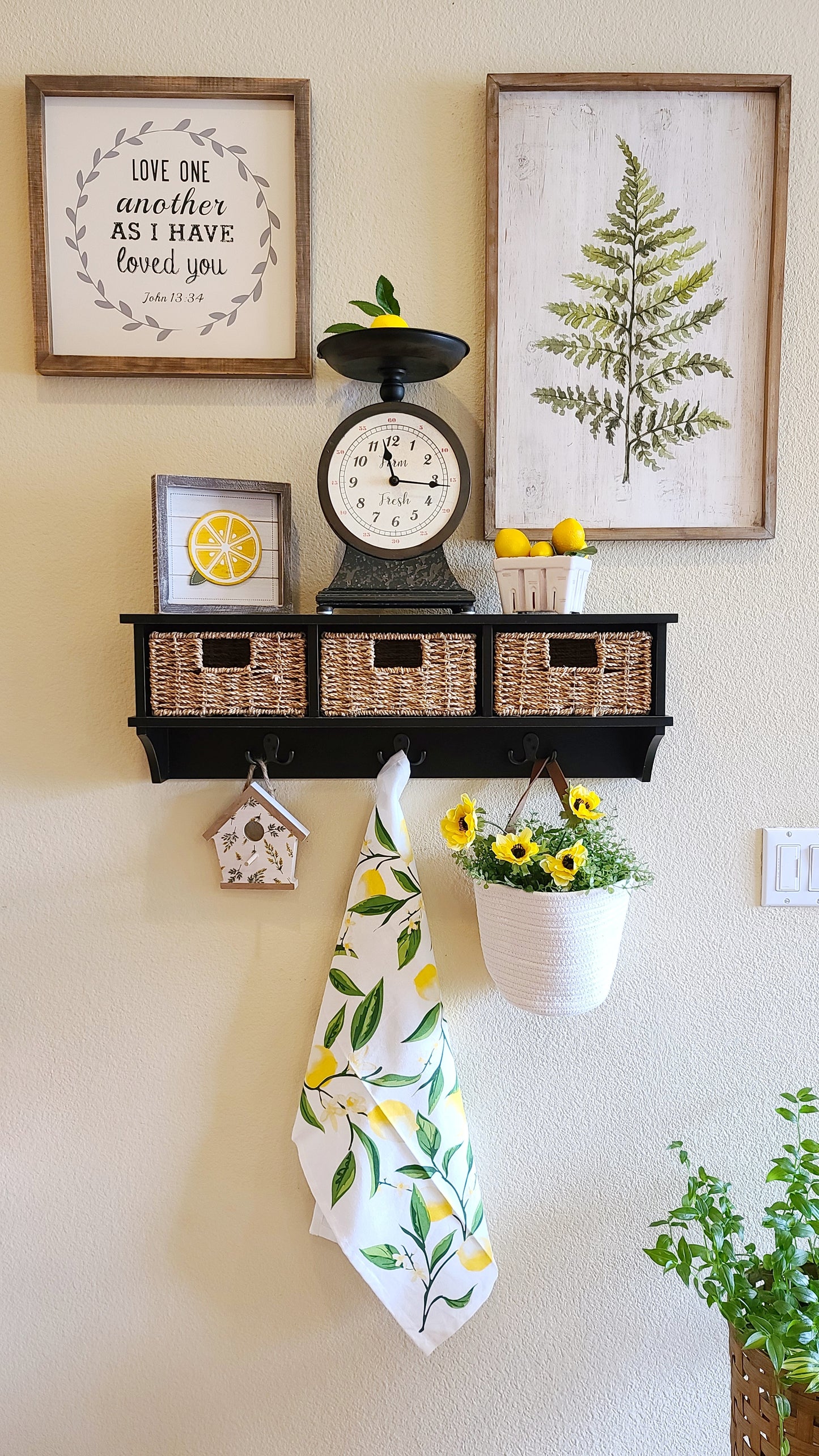 Woven Wall Basket w/ Real Leather Handles - Set of 2 - Full Off-White