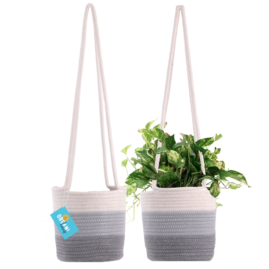 Cotton Rope Hanging Planter Basket - Set of 2 - 3 Toned Gray