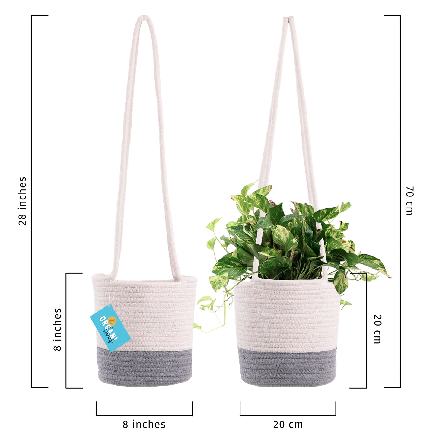 Cotton Rope Hanging Planter Basket - Set of 2 - Gray & Off-White