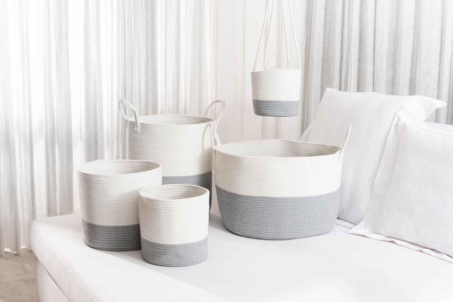 Cotton Rope Hanging Planter Basket - Set of 2 - Gray & Off-White