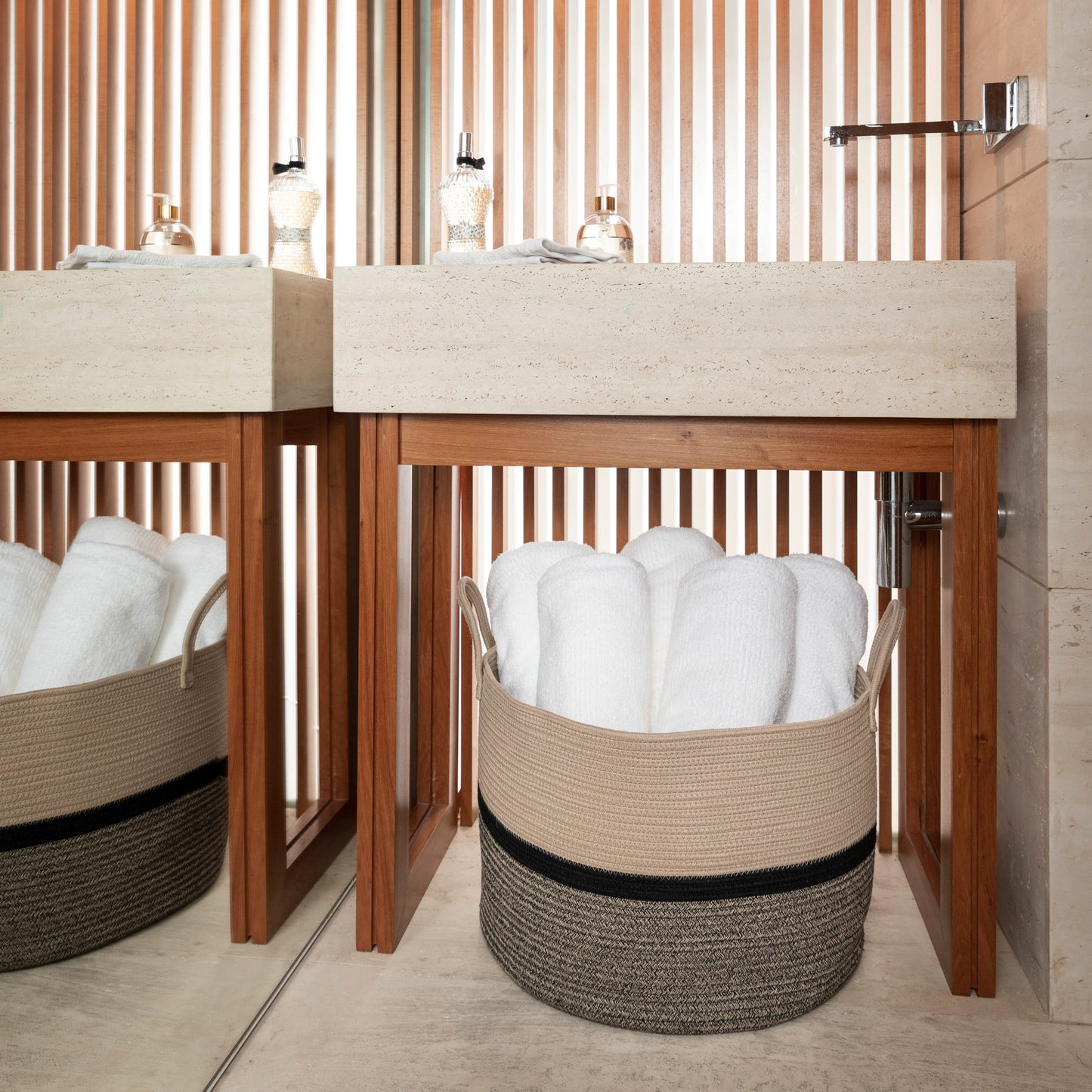 Cotton Rope Storage Basket - 3-Tone Striped Brown - Wide