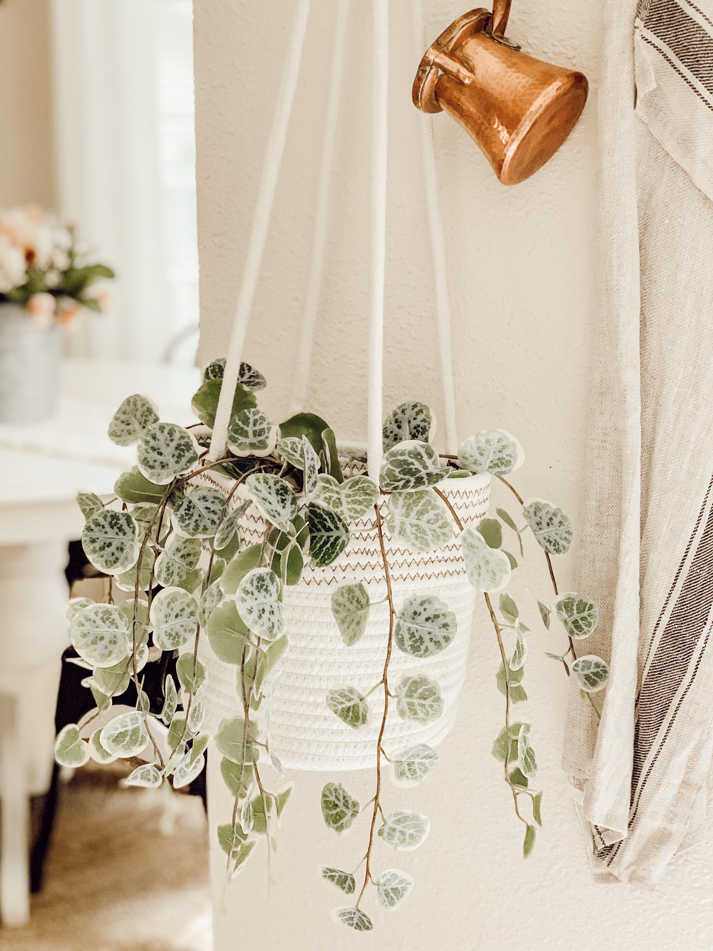 Cotton Rope Hanging Planter Basket - Set of 2 - Off-White w/ Stitches