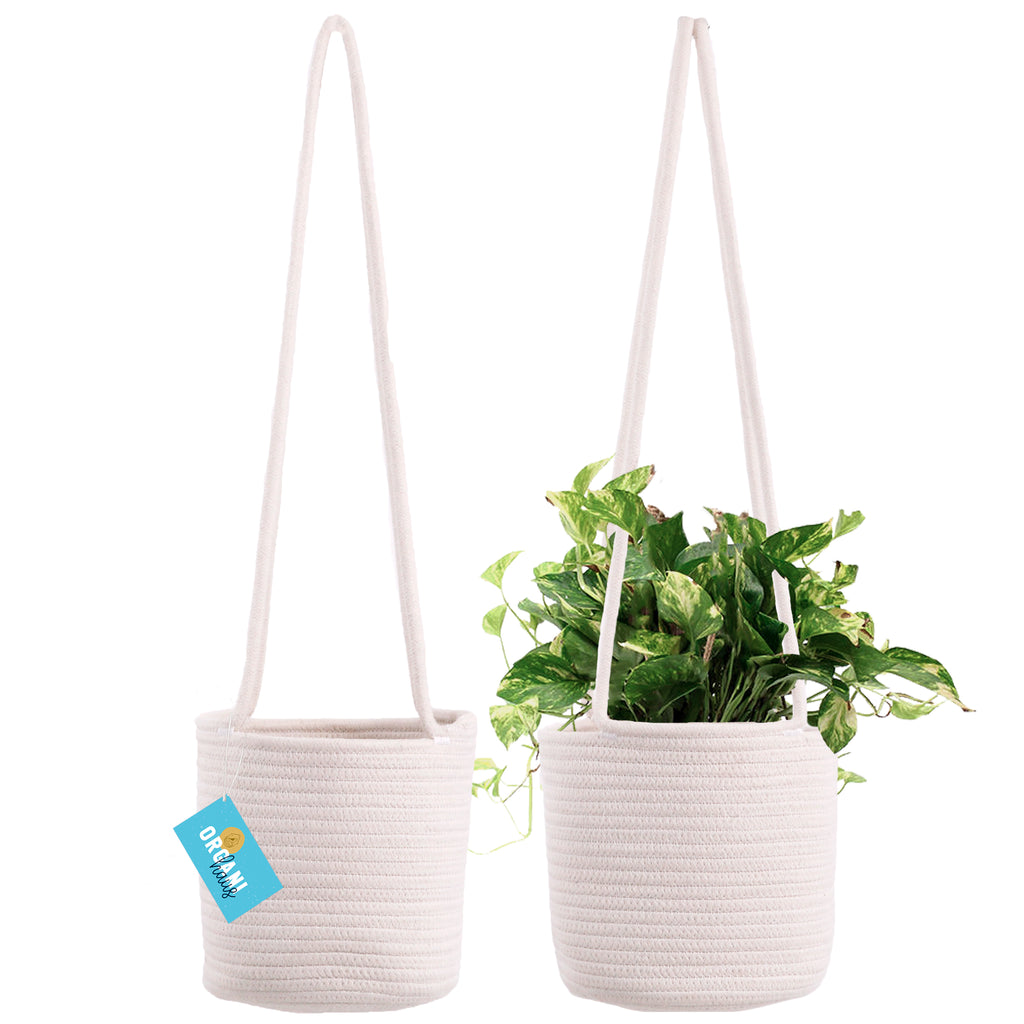 white rope hanging planter Cotton Rope Hanging Planter Basket - Set of 2