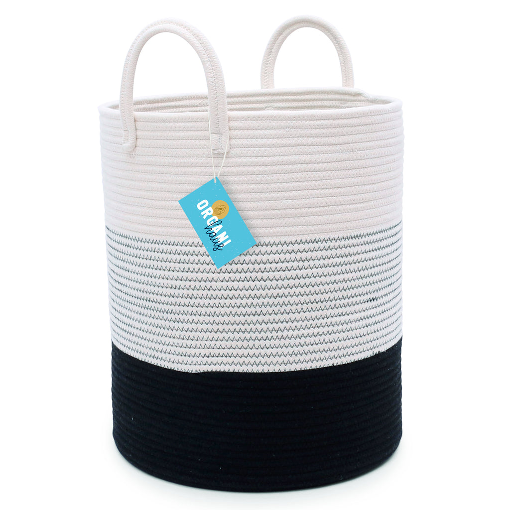 Cotton Rope Storage Basket - Black & Off-White w/Stitches - Tall