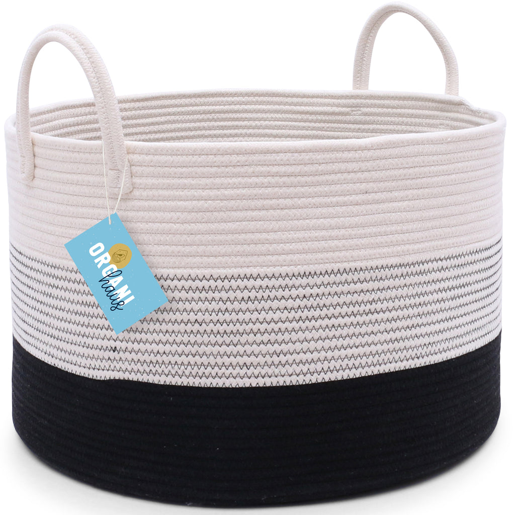 Cotton Rope Storage Basket - Off-White & Black w/ Stitches - Wide