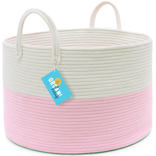 Cotton Rope Storage Basket - Pink & Off-White - Wide