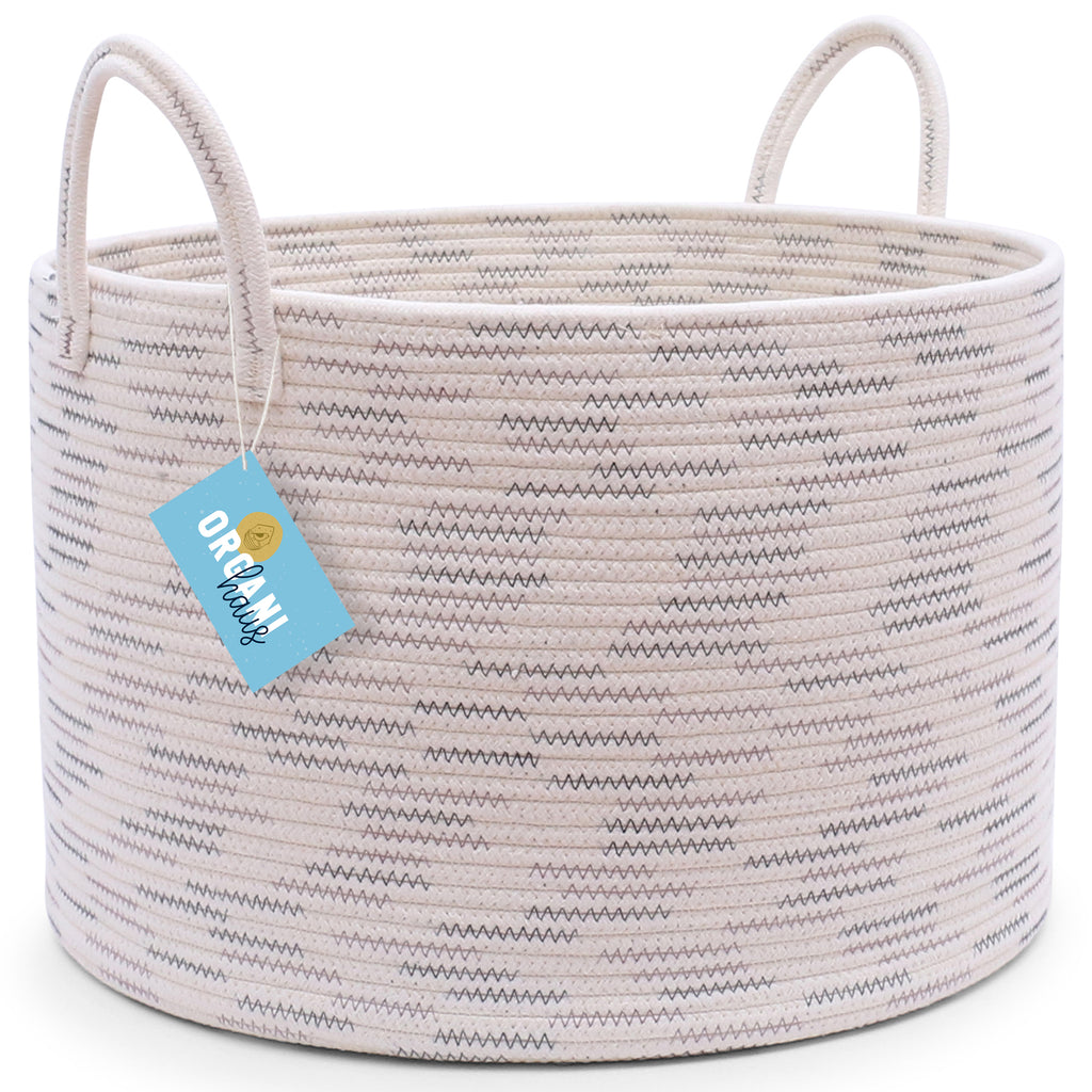 Cotton Rope Storage Basket - White w/Gray Stitches - Wide