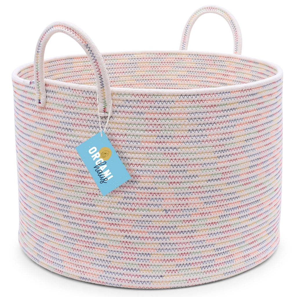 Cotton Rope Storage Basket - Off-White w/Rainbow Stitches - Wide