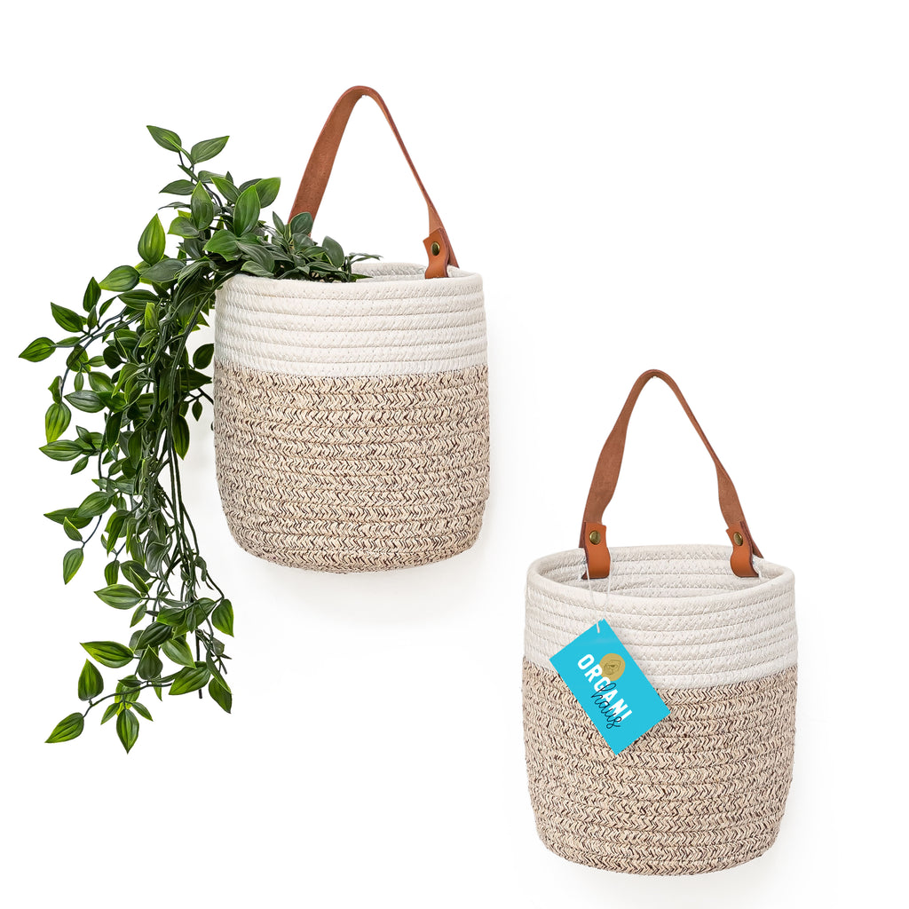 Woven Wall Basket w/ Real Leather Handles - Set of 2 - Brown & Off-White