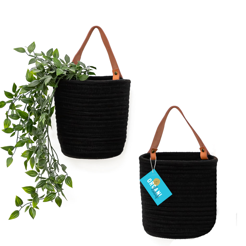 Woven Wall Basket w/ Real Leather Handles - Set of 2 - Full Black
