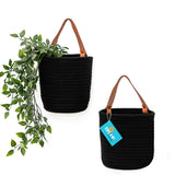 Woven Wall Basket w/ Real Leather Handles - Set of 2 - Full Black