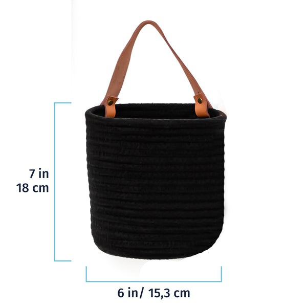 Woven Wall Basket w/ Real Leather Handles - Set of 2 - Full Black