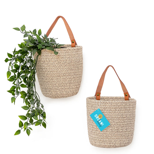 Woven Wall Basket w/ Real Leather Handles - Set of 2 - Full Brown