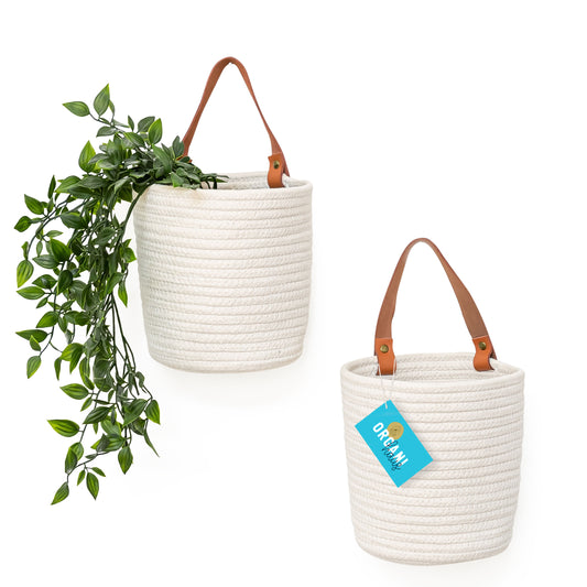 Woven Wall Basket w/ Real Leather Handles - Set of 2 - Full Off-White