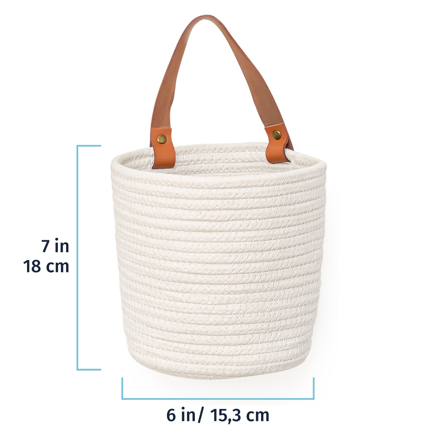 Woven Wall Basket w/ Real Leather Handles - Set of 2 - Full Off-White