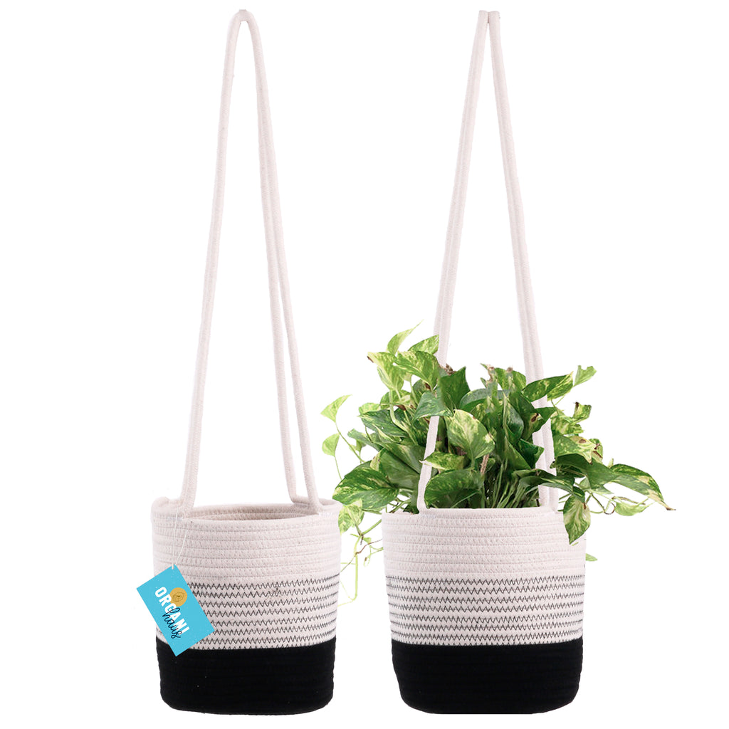 Cotton Rope Hanging Planter Basket - Set of 2 - Black & Off-White w/ Stitches
