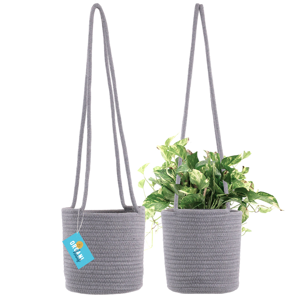 Cotton Rope Hanging Planter Basket - Set of 2 - Full Gray