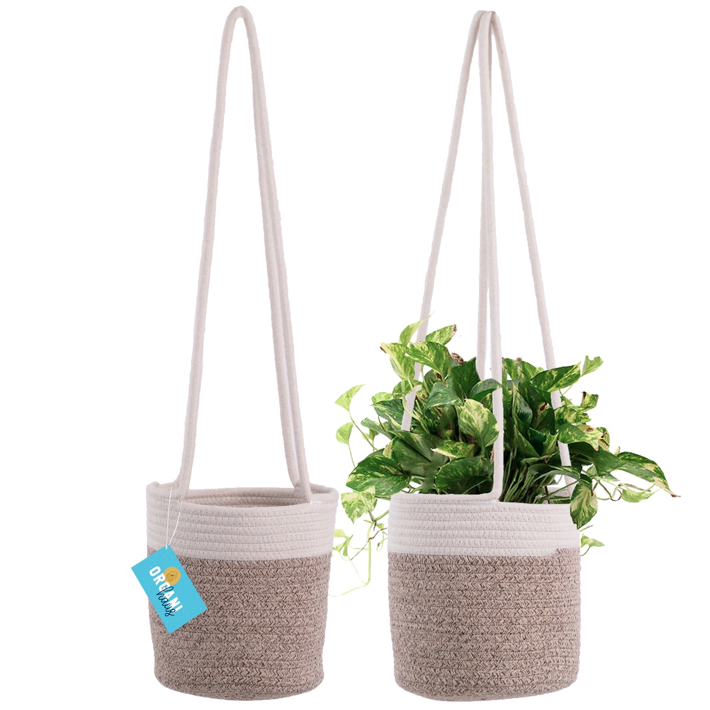 Cotton Rope Hanging Planter Basket - Set of 2 - Brown & Off-White