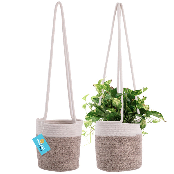 Cotton Rope Hanging Planter Basket - Set of 2 - Brown & Off-White