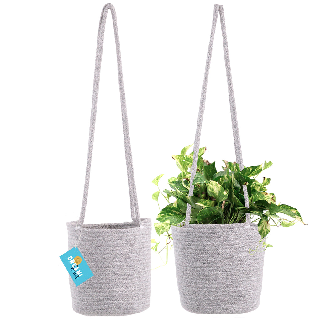 Cotton Rope Hanging Planter Basket - Set of 2 - Full Mixed Gray