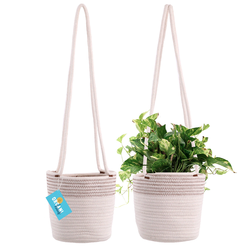 Cotton Rope Hanging Planter Basket - Set of 2 - Off-White w/ Stitches