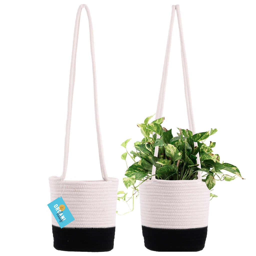Cotton Rope Hanging Planter Basket - Set of 2 - Black & Off-White